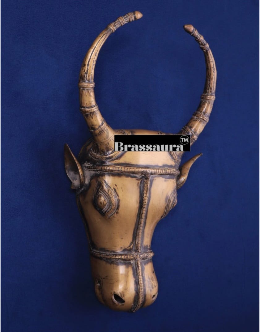 Brassaura™ Vintage Brass Bull Face Wall Hanging – Height 18 in, Weight 6 kg