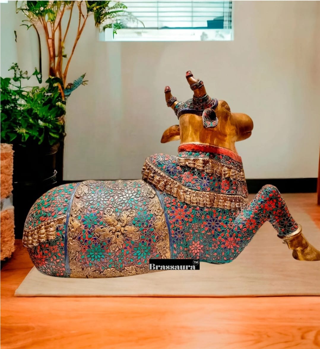 Brassaura™ Handcrafted Brass Wirework Nandi Bull with Natural Stones – Height 21 Inches & Weight 30 Kgs | Majestic Temple Idol