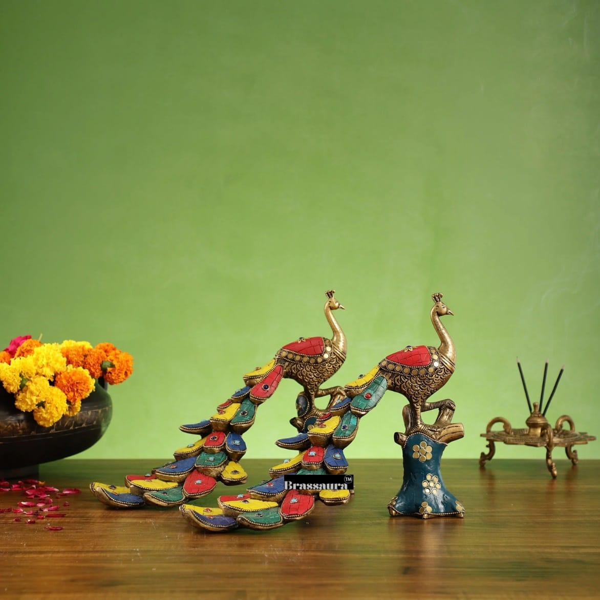 Brassaura™ Brass Peacock Table Accent Pair with Meenakari Stonework – Height 8.5 Inches Each & Total Weight 5 Kgs
