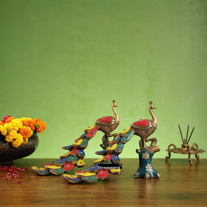 Brassaura™ Brass Peacock Table Accent Pair with Meenakari Stonework – Height 8.5 Inches Each & Total Weight 5 Kgs