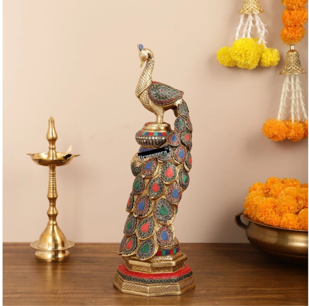 Brassaura™ Brass Large Peacock Showpiece with Meenakari Work – Height 20 Inches & Weight 8.5 Kgs
