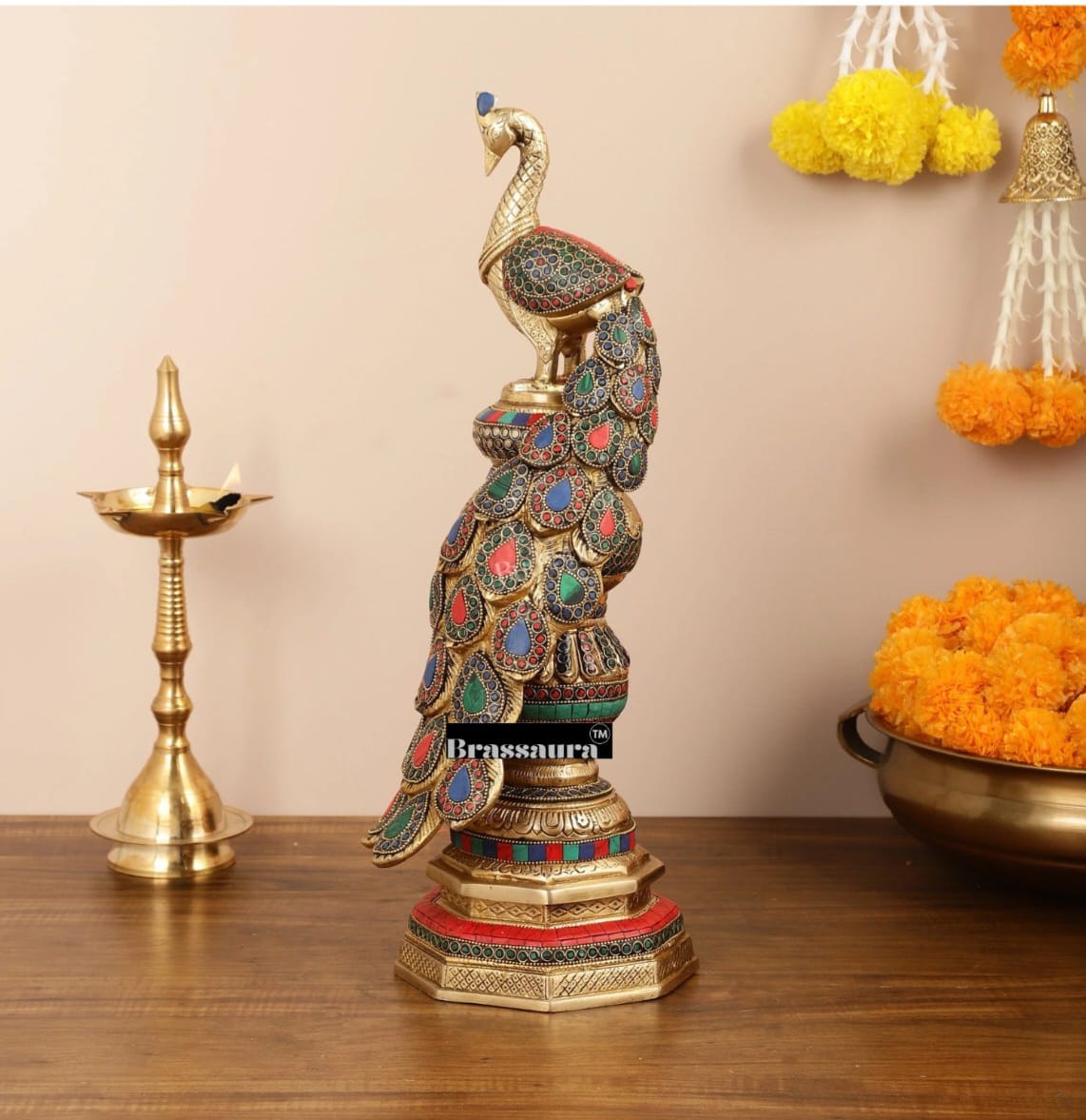 Brassaura™ Brass Large Peacock Showpiece with Meenakari Work – Height 20 Inches & Weight 8.5 Kgs