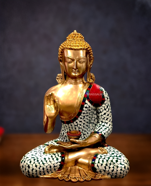 Brassaura™ Brass Buddha Statue – Height 20 Inches | Weight 18 Kgs | White Stonework