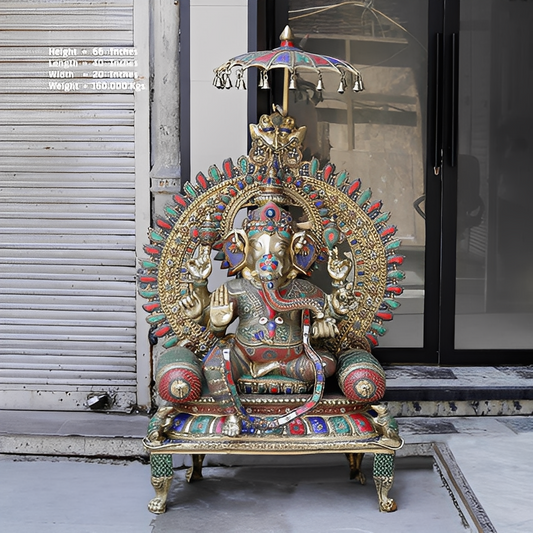 हस्तनिर्मित पीतल की प्रतिमा राजा गणपति, सिंहासन पर विराजमान, छाते सहित 66 इंच
