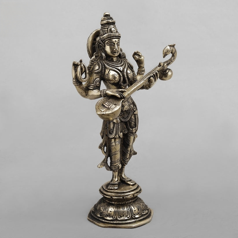10" Standing Saraswati Brass Statue