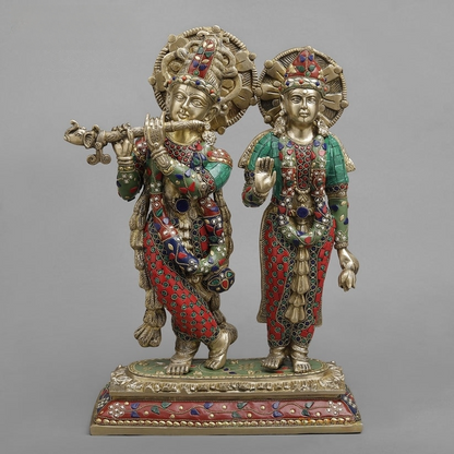 Handcrafted brass statue set of Radha and Krishna, adorned with vibrant inlay or meenakari stonework 17 Inches