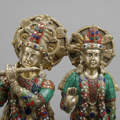 Handcrafted brass statue set of Radha and Krishna, adorned with vibrant inlay or meenakari stonework 17 Inches
