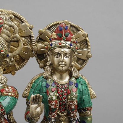 Handcrafted brass statue set of Radha and Krishna, adorned with vibrant inlay or meenakari stonework 17 Inches