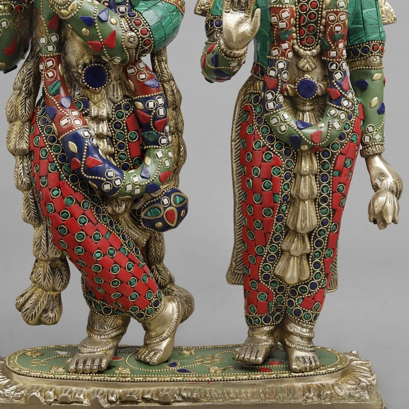 Handcrafted brass statue set of Radha and Krishna, adorned with vibrant inlay or meenakari stonework 17 Inches