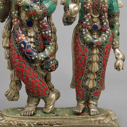 Handcrafted brass statue set of Radha and Krishna, adorned with vibrant inlay or meenakari stonework 17 Inches