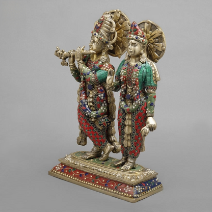 Handcrafted brass statue set of Radha and Krishna, adorned with vibrant inlay or meenakari stonework 17 Inches