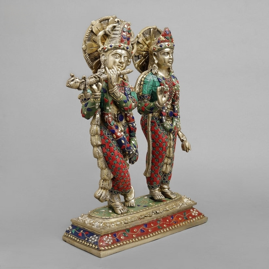 राधा और कृष्ण की हस्तनिर्मित पीतल की मूर्ति का सेट, जीवंत जड़ाई या मीनाकारी स्टोनवर्क से सुसज्जित, 17 इंच