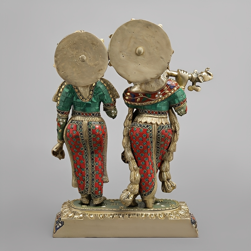 Handcrafted brass statue set of Radha and Krishna, adorned with vibrant inlay or meenakari stonework 17 Inches