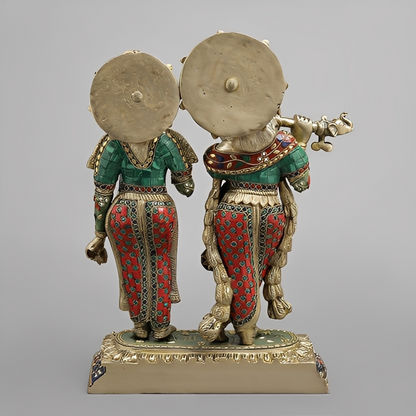 Handcrafted brass statue set of Radha and Krishna, adorned with vibrant inlay or meenakari stonework 17 Inches