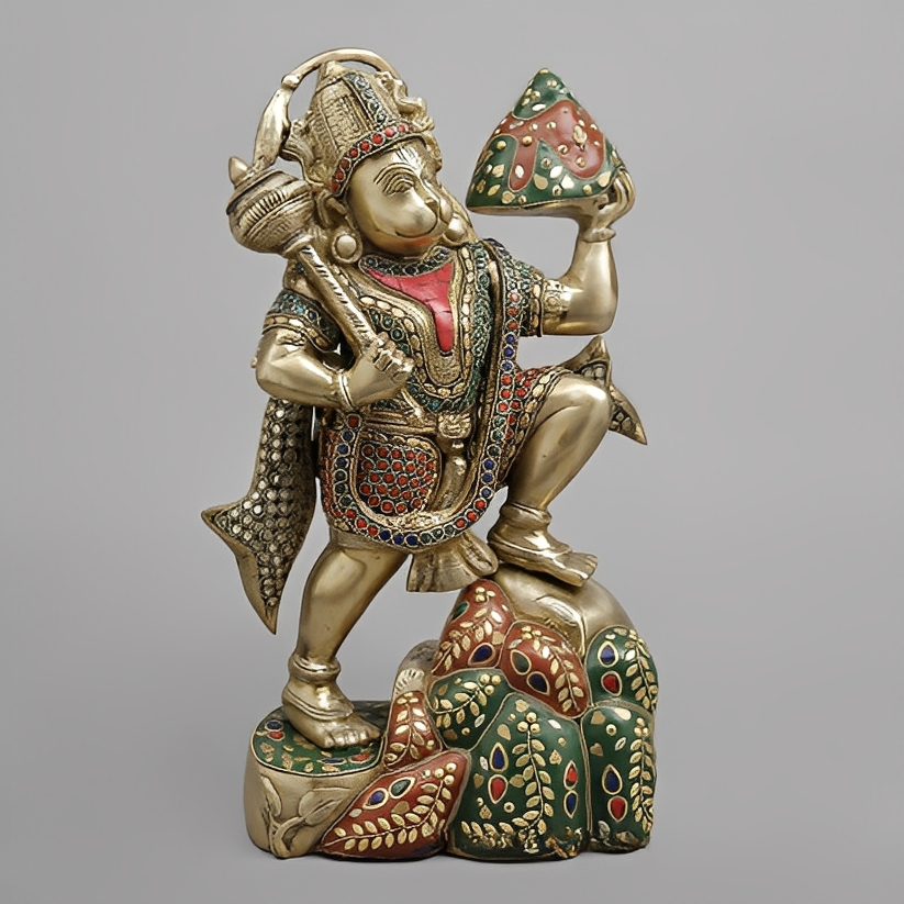 Brass Hanuman ji Standing Lifting mountain, Fine stone Work 15”