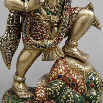 Brass Hanuman ji Standing Lifting mountain, Fine stone Work 15”