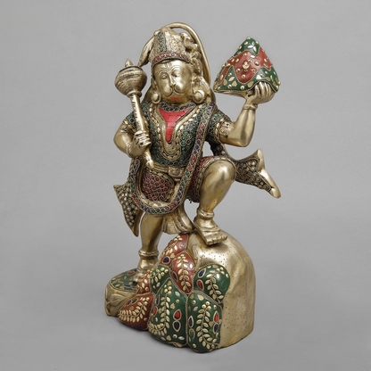 Brass Hanuman ji Standing Lifting mountain, Fine stone Work 15”