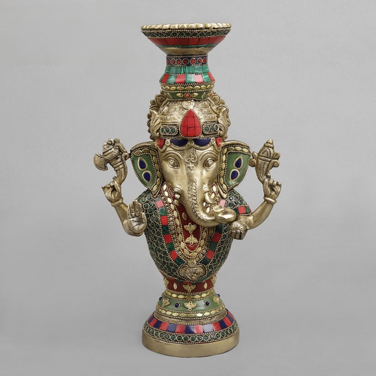 13" Brass Blessing Ganesha Candle Holder with Inlay Work