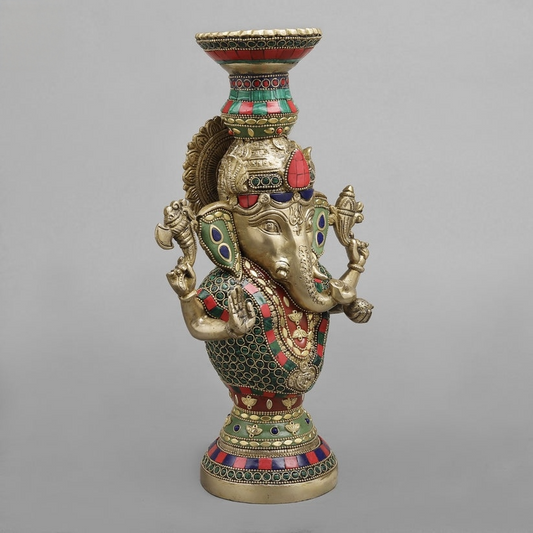 13" Brass Blessing Ganesha Candle Holder with Inlay Work