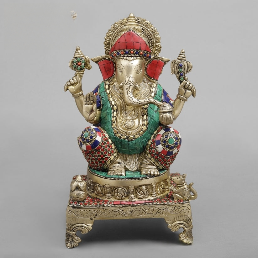 Brass Ganesha statues with stone inlay work 12 inches
