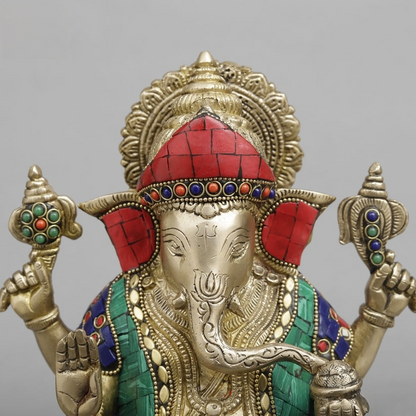 Brass Ganesha statues with stone inlay work 12 inches