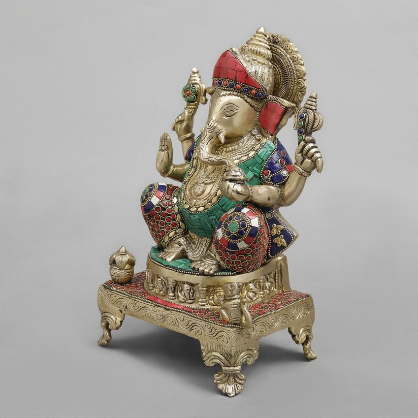Brass Ganesha statues with stone inlay work 12 inches