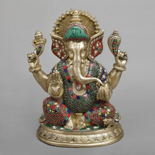 Brass Pooja Ganesh, Fine stone work 12” Inch