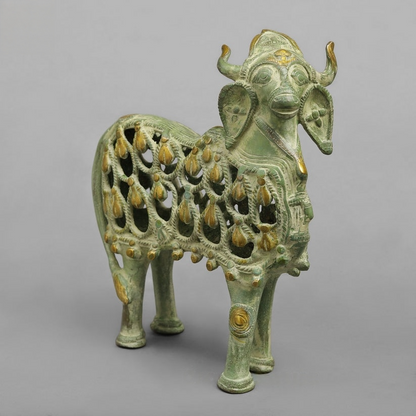 Brass Bastar Design Nandi Standing, Leaf Green Patina 8.5” Inches