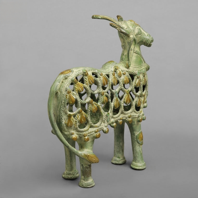 Brass Bastar Design Nandi Standing, Leaf Green Patina 8.5” Inches