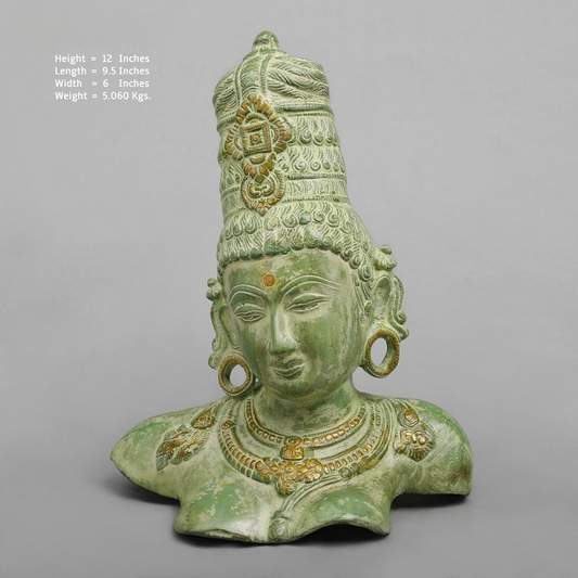 Estátua Artesanal de Latão Cabeça de Parvati Acabamento Verde 30 cm