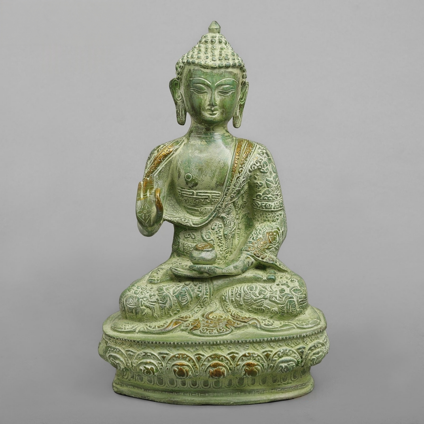 Handcrafted statue Brass Buddha Green Finish 6 Inches