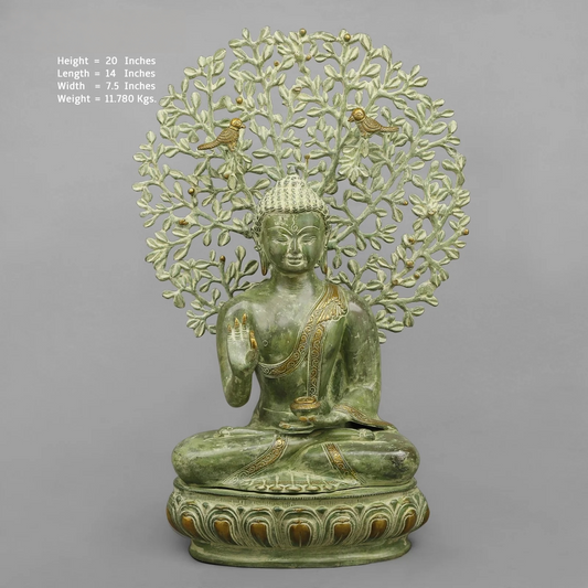 Brassaura® Brass Tree Buddha Statue | 20 Inch Handcrafted Brass Buddha Idol | Decorative Murti for Home & Meditation Décor
