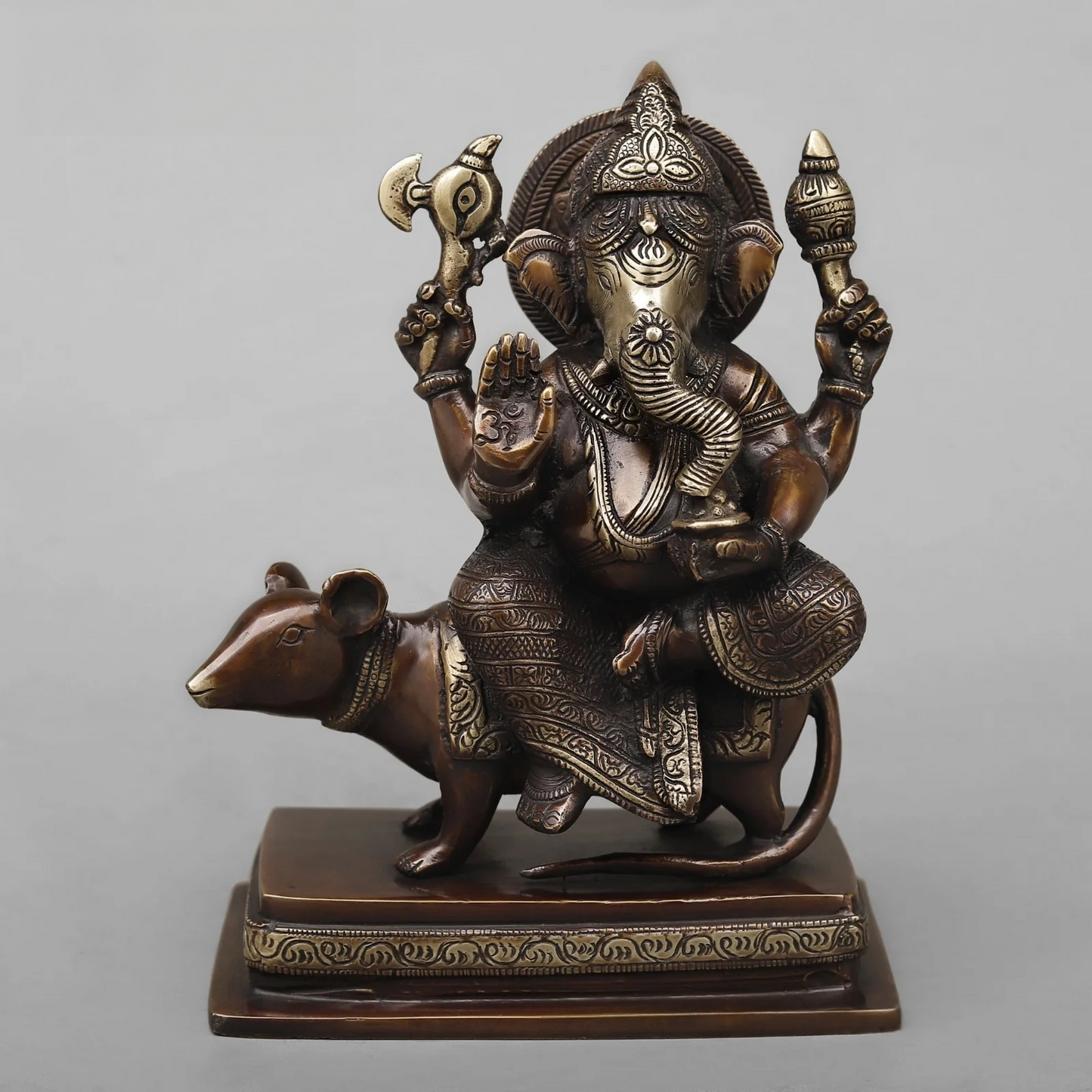 Brassaura® Lord Ganesha on Mushak Statue | Antique Copper Finish Brass Sculpture | Height 9.5 Inches & Weight 3.74 Kgs