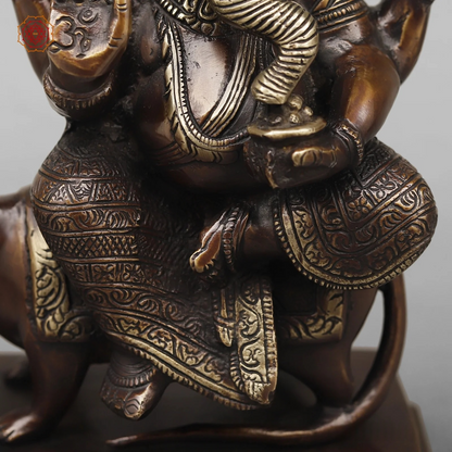 Brassaura® Lord Ganesha on Mushak Statue | Antique Copper Finish Brass Sculpture | Height 9.5 Inches & Weight 3.74 Kgs