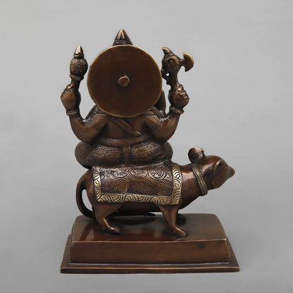 Brassaura® Lord Ganesha on Mushak Statue | Antique Copper Finish Brass Sculpture | Height 9.5 Inches & Weight 3.74 Kgs