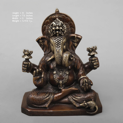Brassaura® Seated Lord Ganesha Statue | Antique Copper Finish Brass Sculpture | Height 9 Inches & Weight 5.46 Kgs