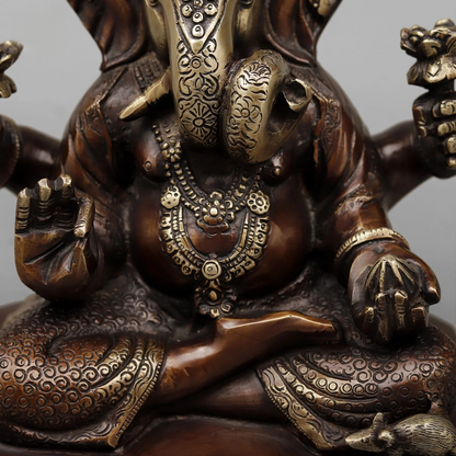 Brassaura® Seated Lord Ganesha Statue | Antique Copper Finish Brass Sculpture | Height 9 Inches & Weight 5.46 Kgs