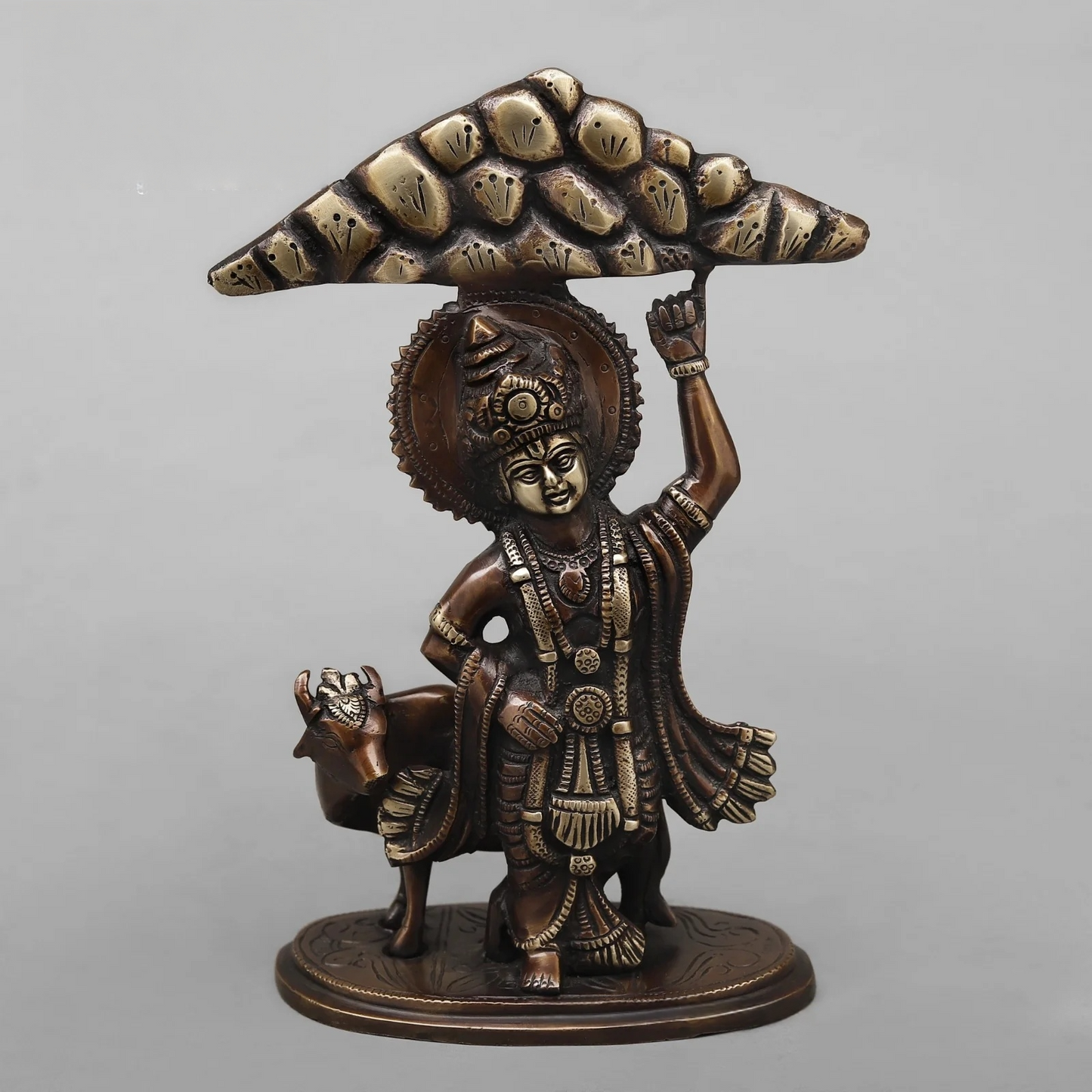Brassaura® Lord Krishna Lifting Govardhan Parvat Brass Statue | Antique Finish | Height 10 Inches & Weight 2.32 Kgs