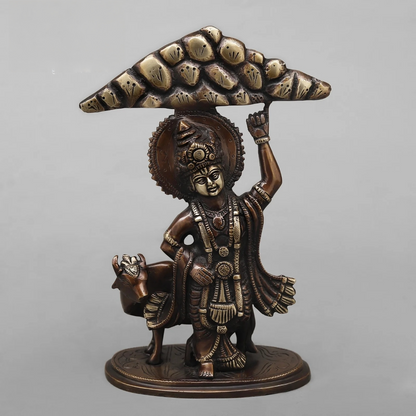 Brassaura® Lord Krishna Lifting Govardhan Parvat Brass Statue | Antique Finish | Height 10 Inches & Weight 2.32 Kgs