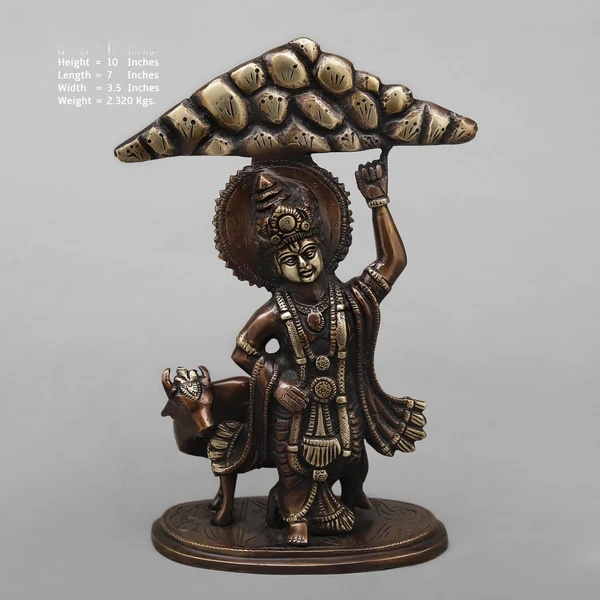 Brassaura® Lord Krishna with Cow Statue | Antique Copper Finish Brass Sculpture | Height 10 Inches & Weight 2.32 Kgs