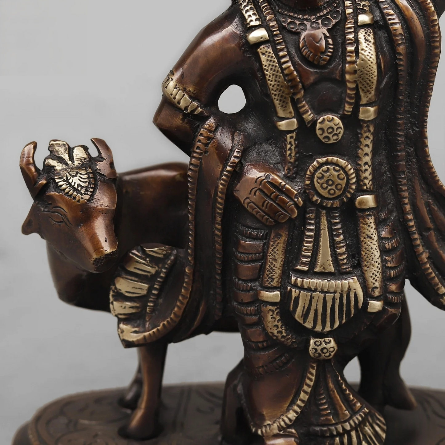 Brassaura® Lord Krishna with Cow Statue | Antique Copper Finish Brass Sculpture | Height 10 Inches & Weight 2.32 Kgs
