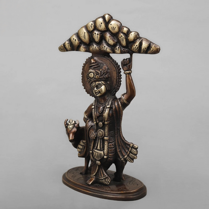 Brassaura® Lord Krishna Lifting Govardhan Parvat Brass Statue | Antique Finish | Height 10 Inches & Weight 2.32 Kgs