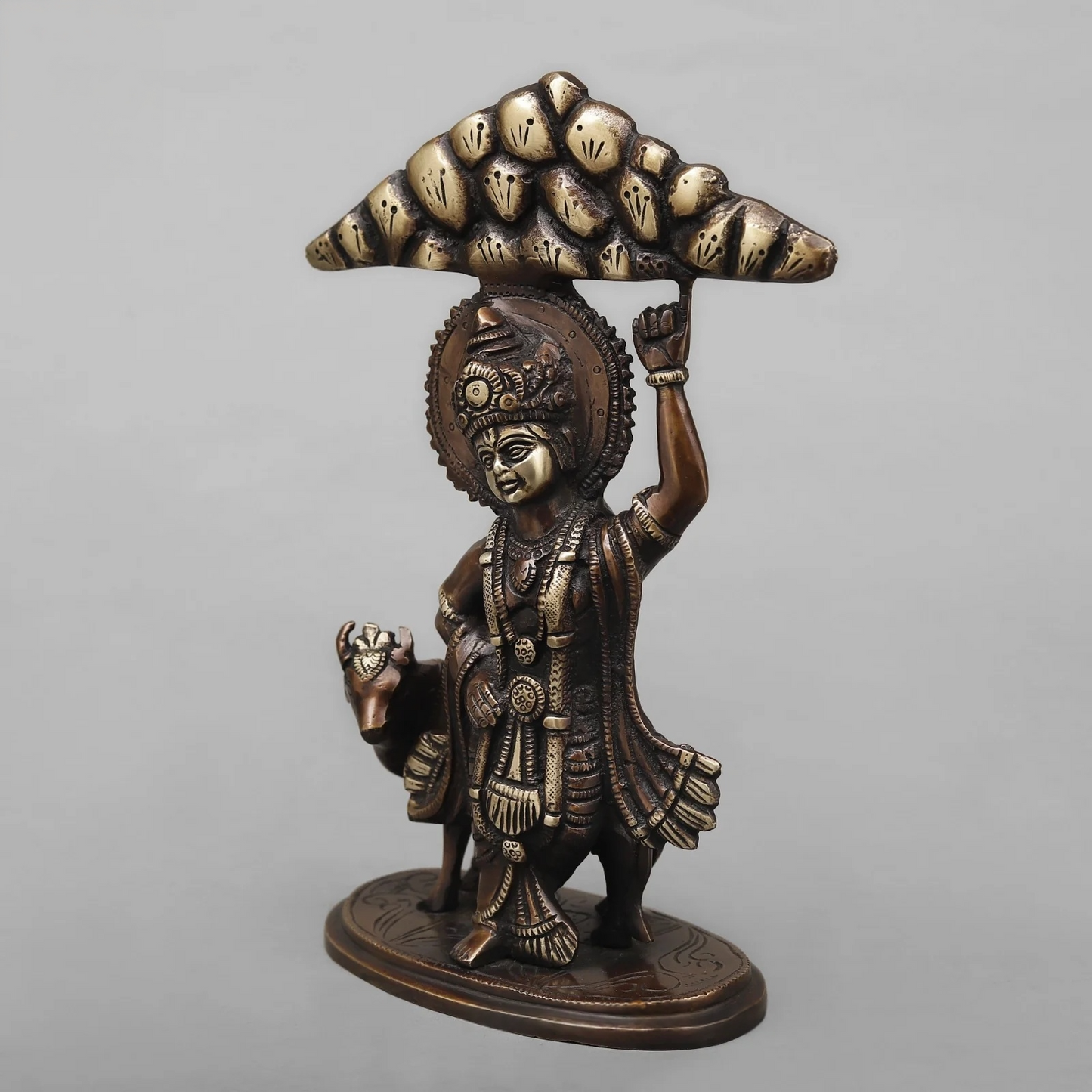Brassaura® Lord Krishna with Cow Statue | Antique Copper Finish Brass Sculpture | Height 10 Inches & Weight 2.32 Kgs