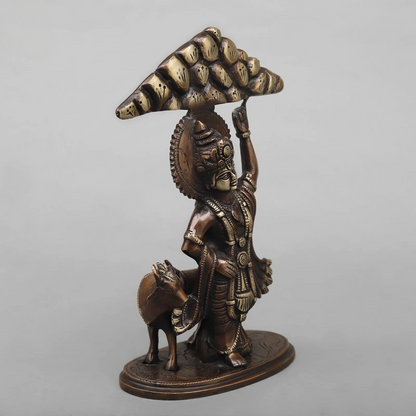 Brassaura® Lord Krishna Lifting Govardhan Parvat Brass Statue | Antique Finish | Height 10 Inches & Weight 2.32 Kgs