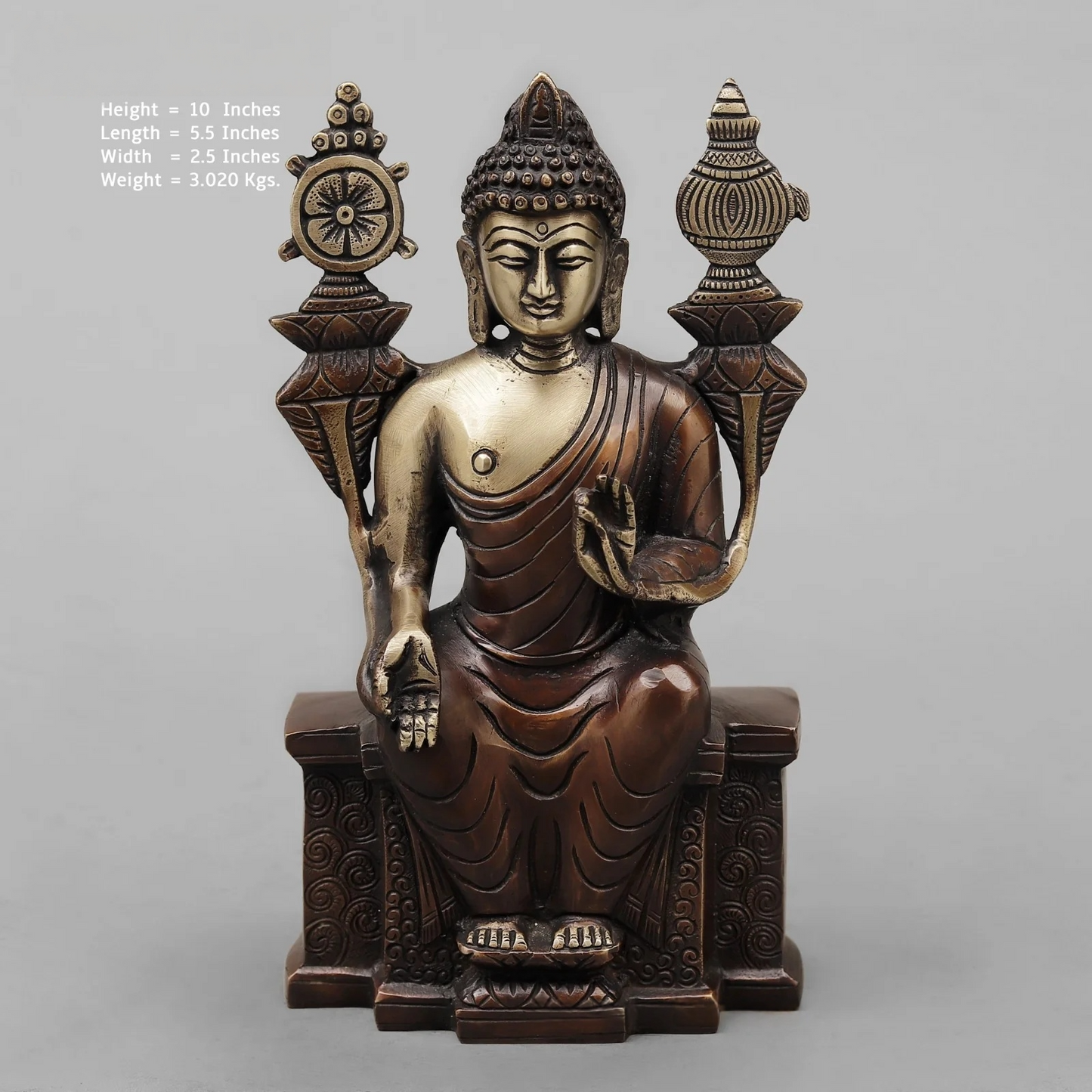Brassaura® Seated Buddha Brass Statue on Throne | Antique Rustic Finish | Height 10 Inches & Weight 3.02 Kgs