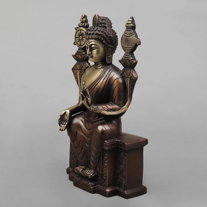 Brassaura® Seated Buddha Brass Statue on Throne | Antique Rustic Finish | Height 10 Inches & Weight 3.02 Kgs