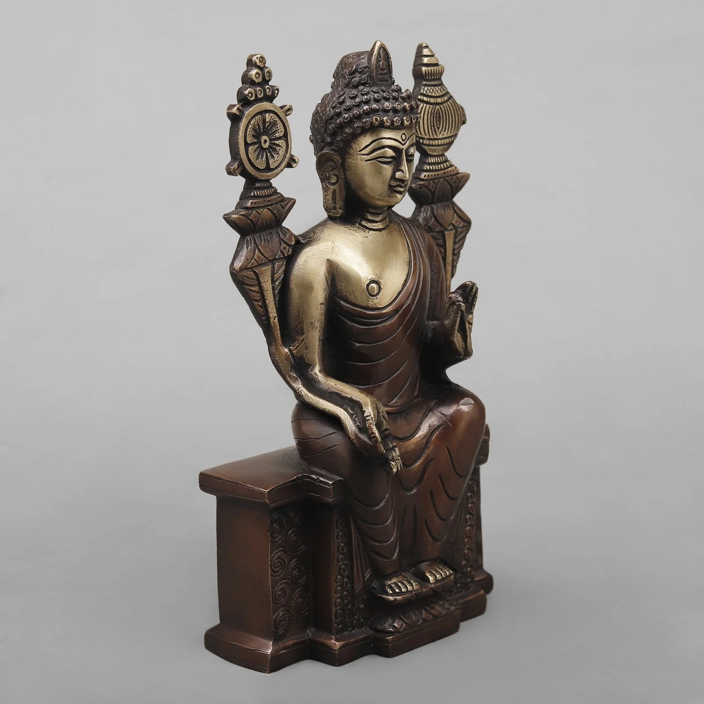 Brassaura® Seated Buddha Brass Statue on Throne | Antique Rustic Finish | Height 10 Inches & Weight 3.02 Kgs