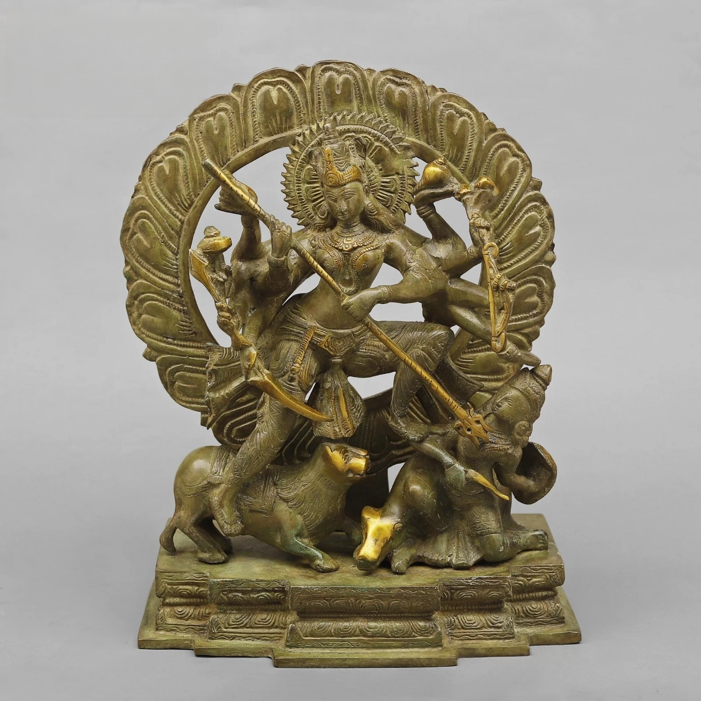 Brassaura® Goddess Durga Slaying Mahishasura Brass Statue | Mahishasura Mardini Form | Height 12.5 Inches & Weight 8.02 Kgs