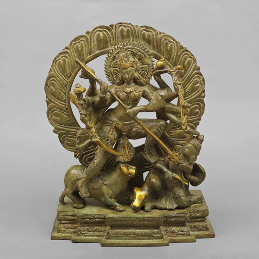 Brassaura® Goddess Durga Slaying Mahishasura Brass Statue | Mahishasura Mardini Form | Height 12.5 Inches & Weight 8.02 Kgs