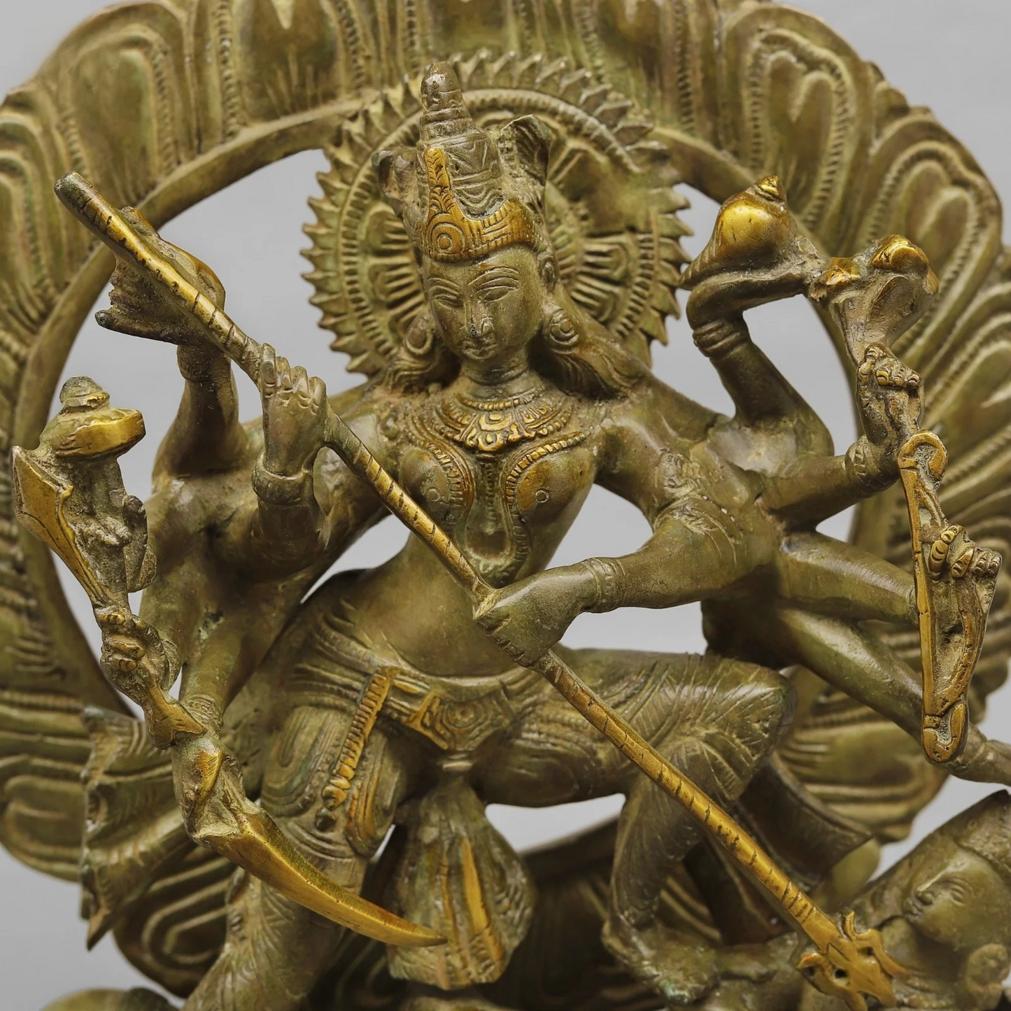 Brassaura® Goddess Durga Slaying Mahishasura Brass Statue | Mahishasura Mardini Form | Height 12.5 Inches & Weight 8.02 Kgs